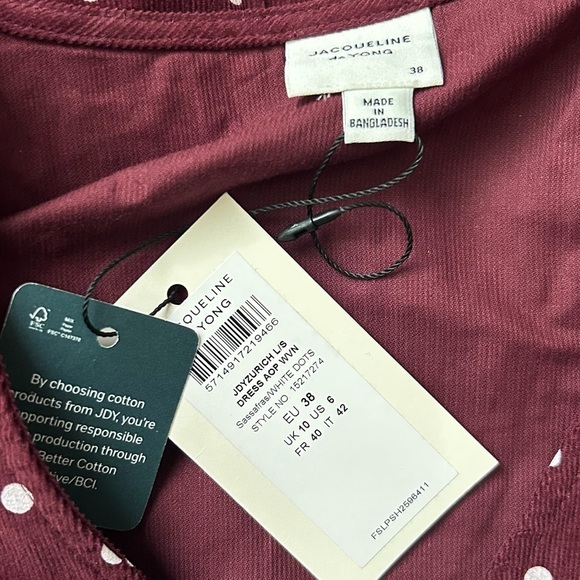 NWT Jacqueline de Yong Zurich Long Sleeve Corduroy Dress Sassafras Polka Dots 6 - Picture 9 of 10